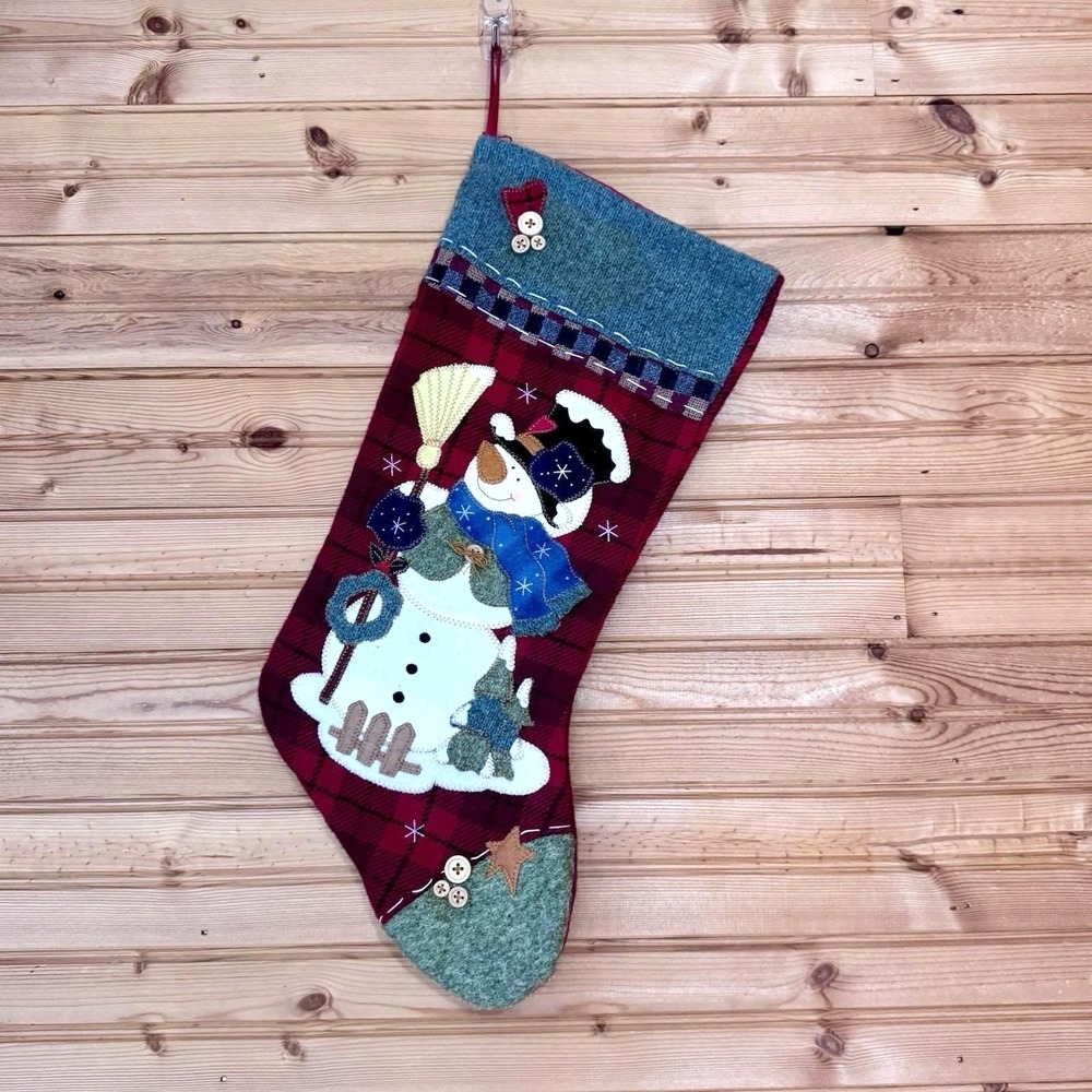 VTG 90s Dan Dee Collectors Choice Christmas Stocking Snowman Plaid Cottage